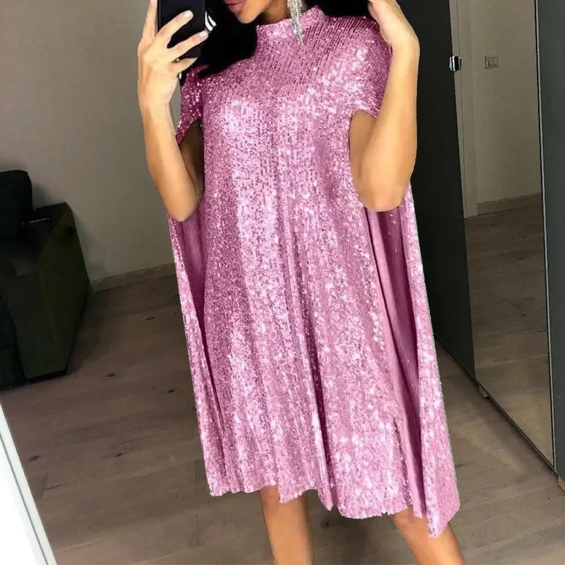 Sexy Party Sequin Glitter Cloak Sleeve Elegant Woman Dress 2025.  S-2X