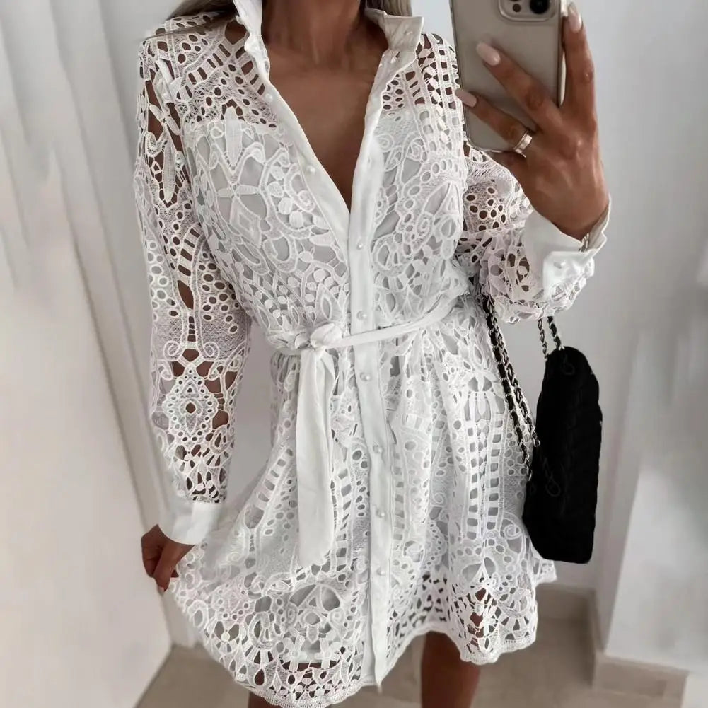 Shirt Dress Elegant Hollow Out Lace Women Spring Turn-down Collar Button Shirt Dress Summer Lace-up Belted Party Dress.  S-3x