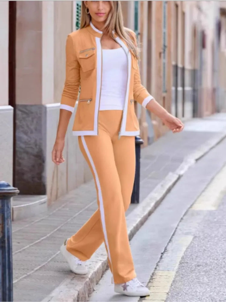 New Fashion Casual Two Piece Set Elegant Women Slim Simple Zipper Top Straight Sweatpants Suit.  S-2X