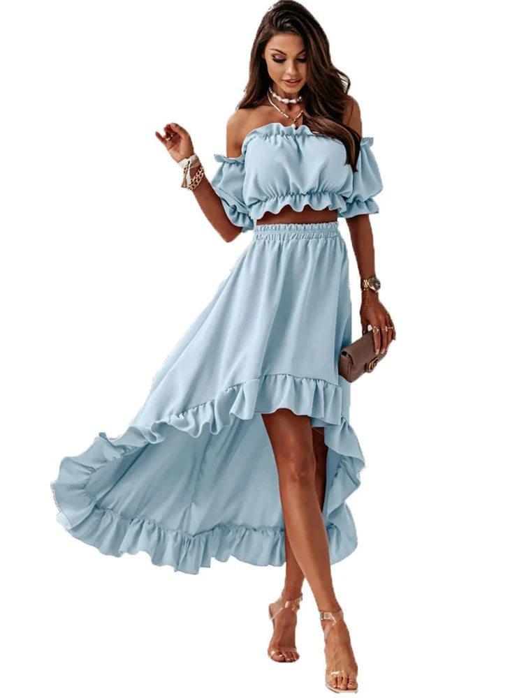 Ladies Two Piece Summer Sexy Short Sleeve Shirt And Slow Skirt Suit Solid Chic Off Shoulder, Puff Sleeve Short Top