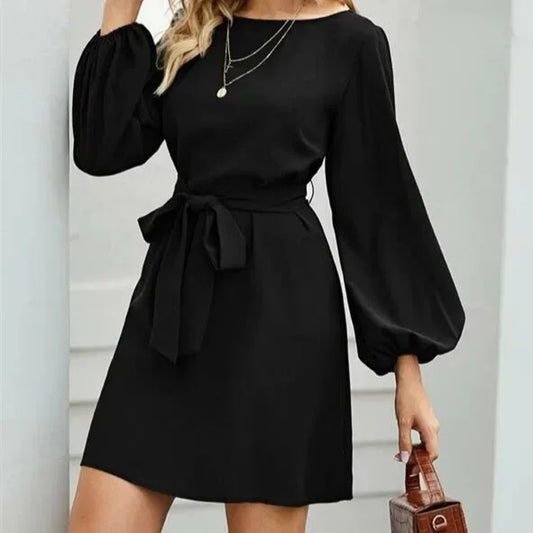 Hot Sale Of The Season New Women's High Waist Midi Dress Pure Color Slimming Commute Friendly Overhead Design Long Sleeve round