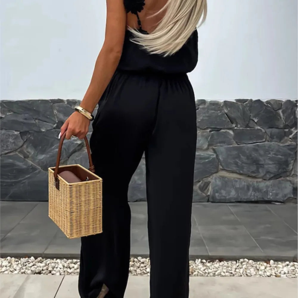 Spring Summer Sexy Jumpsuit Fashion Waist Relaxed Sleeveless Elegant Jumpsuit .  S-XL
