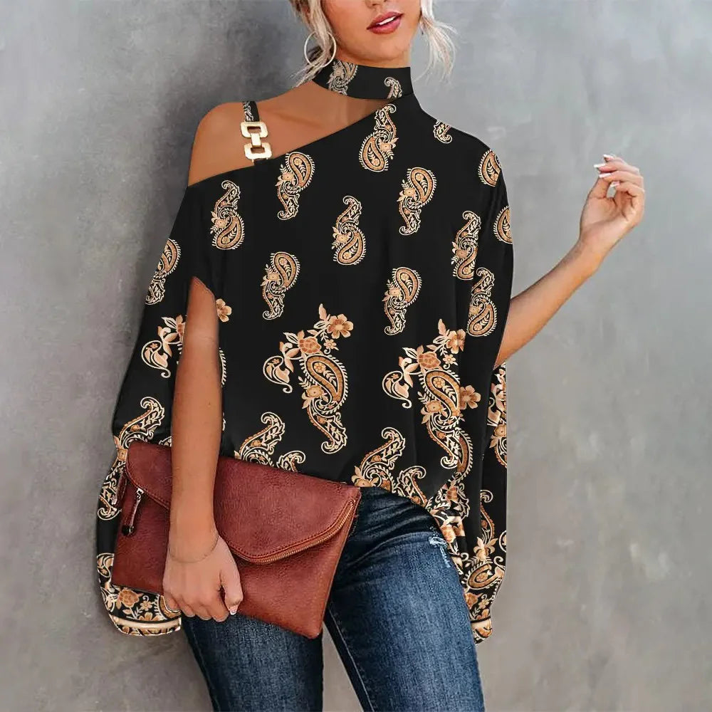 Sexy Halter Loose Blouse Elegant Print Off Shoulder Batwing Sleeve Summer Fashion.  S-2X