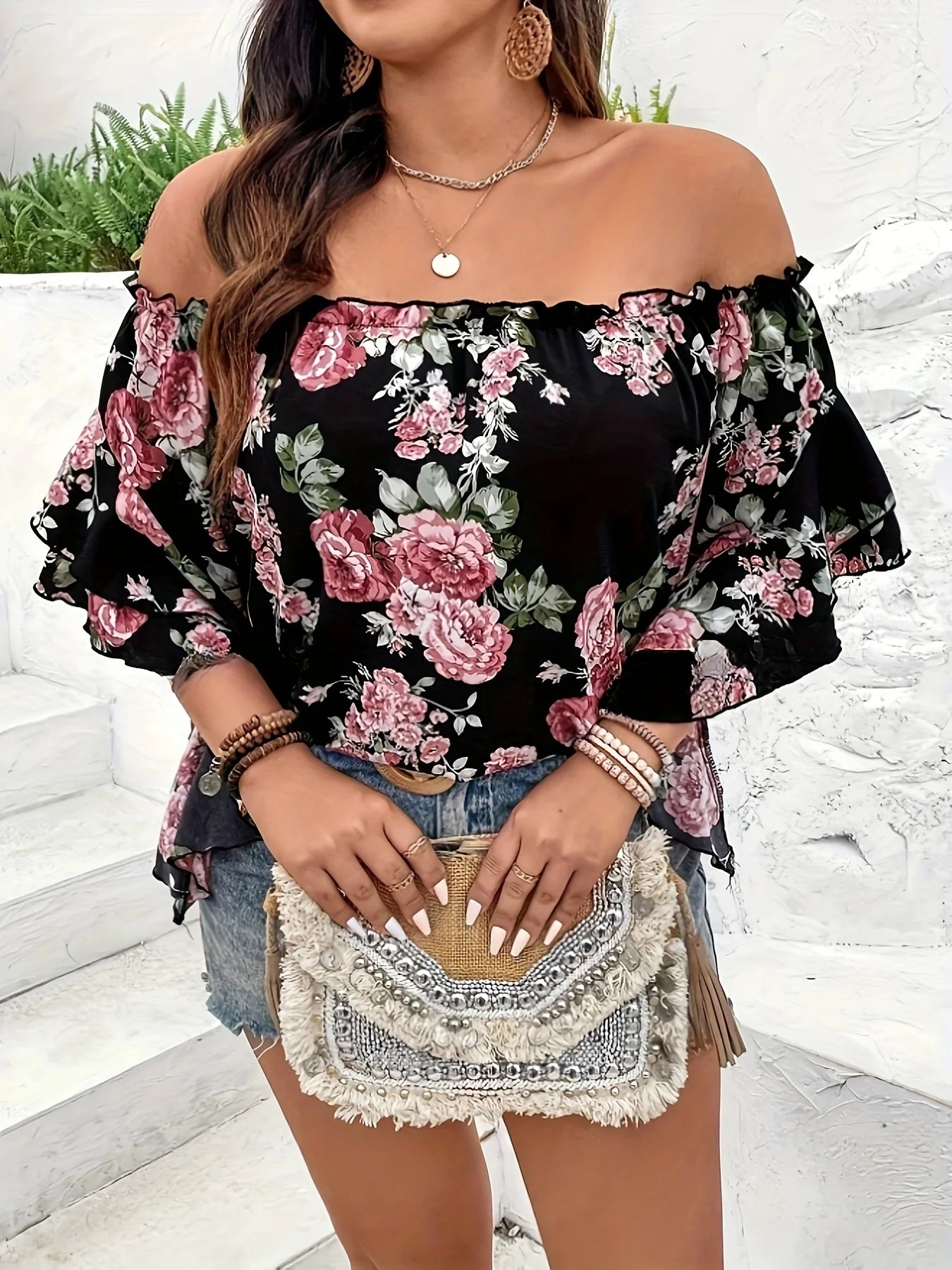 Plus Size Summer Women Elegant Chiffon Floral Print Off the Shoulder Ruffle Sleeve .