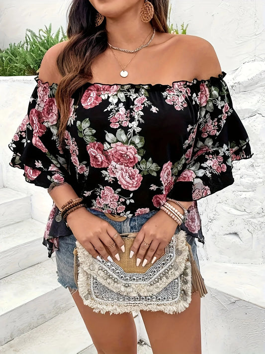 Plus Size Summer Women Elegant Chiffon Floral Print Off the Shoulder Ruffle Sleeve .