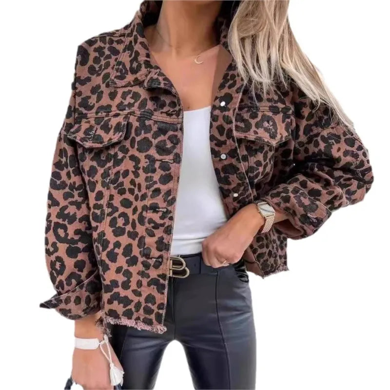 Leopard Denim Jacket For Women New Fashionable And Trendy Style Female Jacket .  S-XL