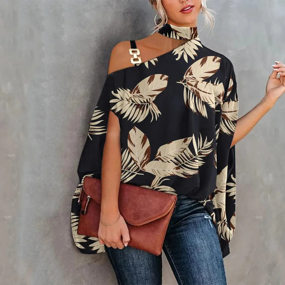 Sexy Halter Loose Blouse Elegant Print Off Shoulder Batwing Sleeve Summer Fashion.  S-2X