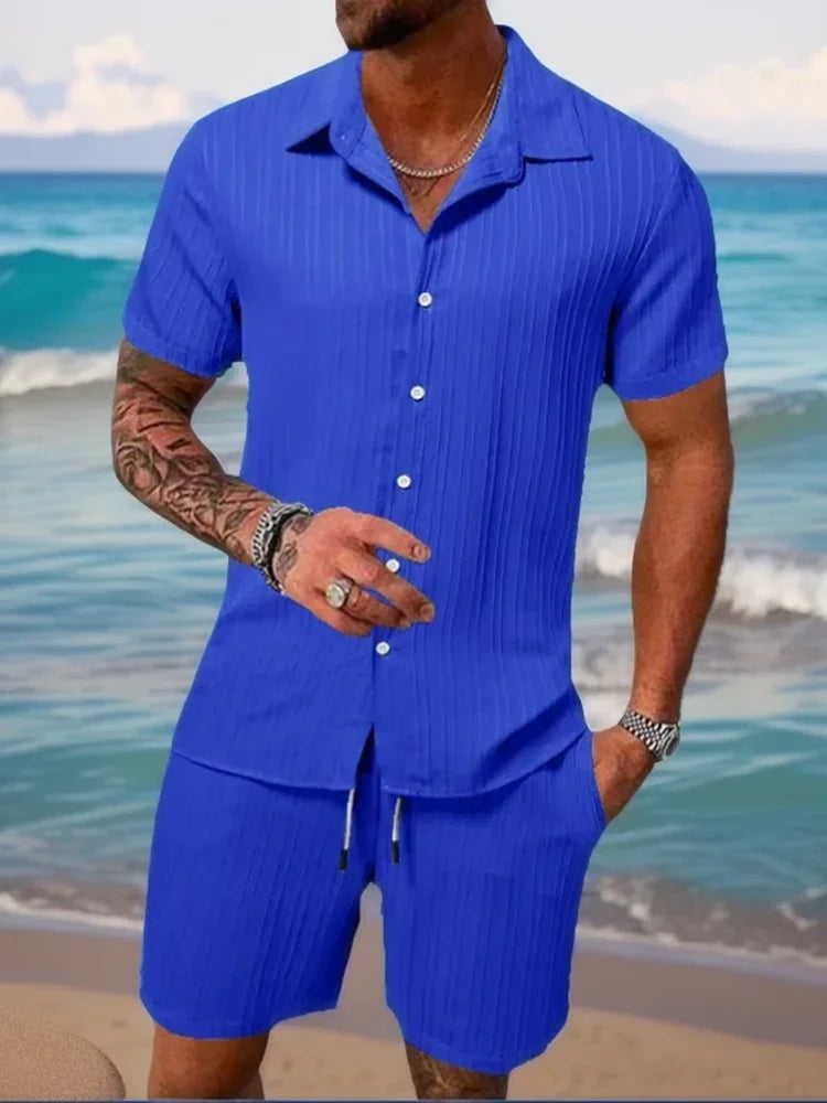 Spring and summer European Style new men's striped jacquard loose shorts and shirt set.   S-3x