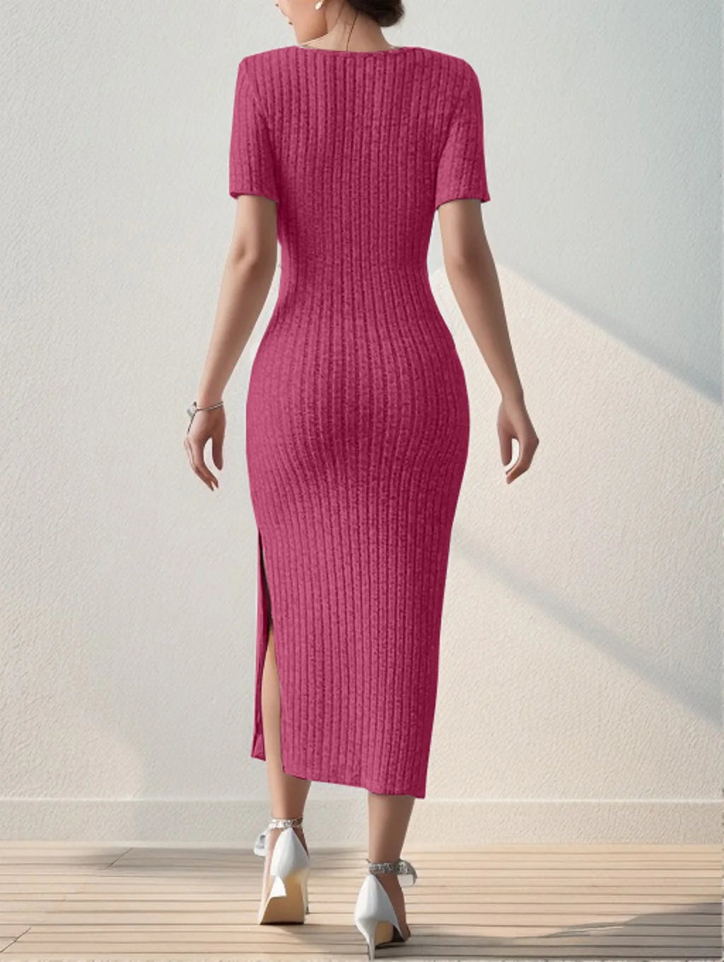 Ladies Square Neck, Hip-Hugging Mid-Length Dress Short-Sleeved, Versatile Knitted Slit Dress