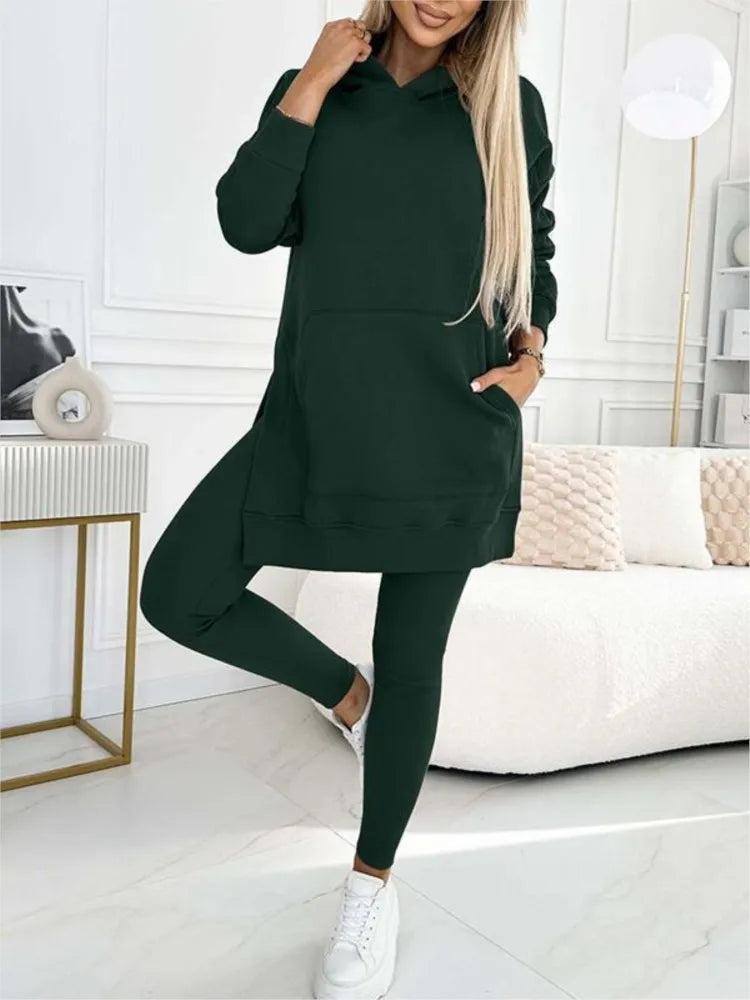 New Casual Hoodie Women's Solid Colour Simple Fashion Pocket Thick Thread Casual Leggings 2 Piece Set.  S-3x