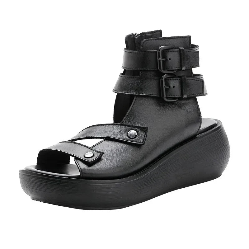 Sandals Summer 2025 Mid Heeled Wedges for Women, Retro Leather Gladiator Sandals