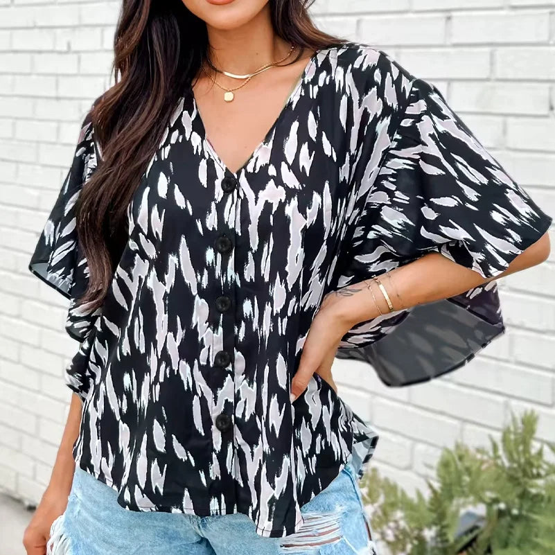 Plus Size Women's Blouse V Neck Casual and Fashionable Summer Blouse