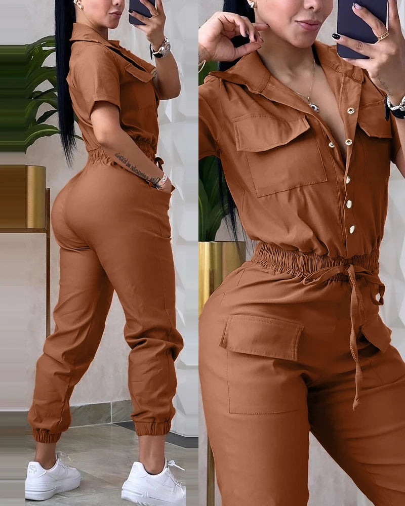 New Fashion Summer Casual Solid Colour Short Sleeved High Waist Jumpsuit.  S-XL