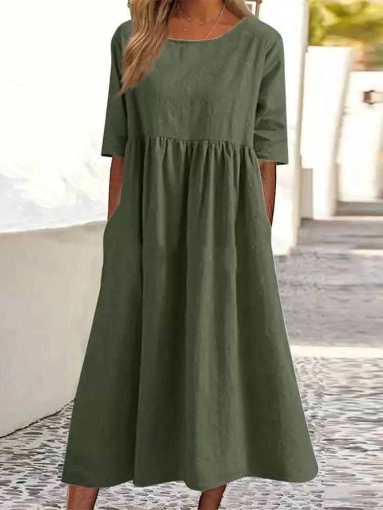 Casual Loose Long Plus Size High Waist Cotton Linen Dress.   S-5X