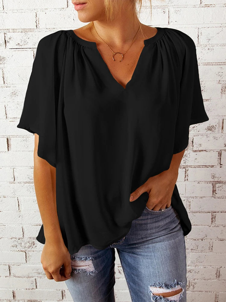 Summer New Loose V-neck Top Casual Women's Chiffon Shirt.  S-2XL