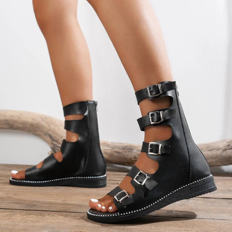 Summer Women's Open Toe Sandals New Roman Back Zip Flat Gladiator Sandals