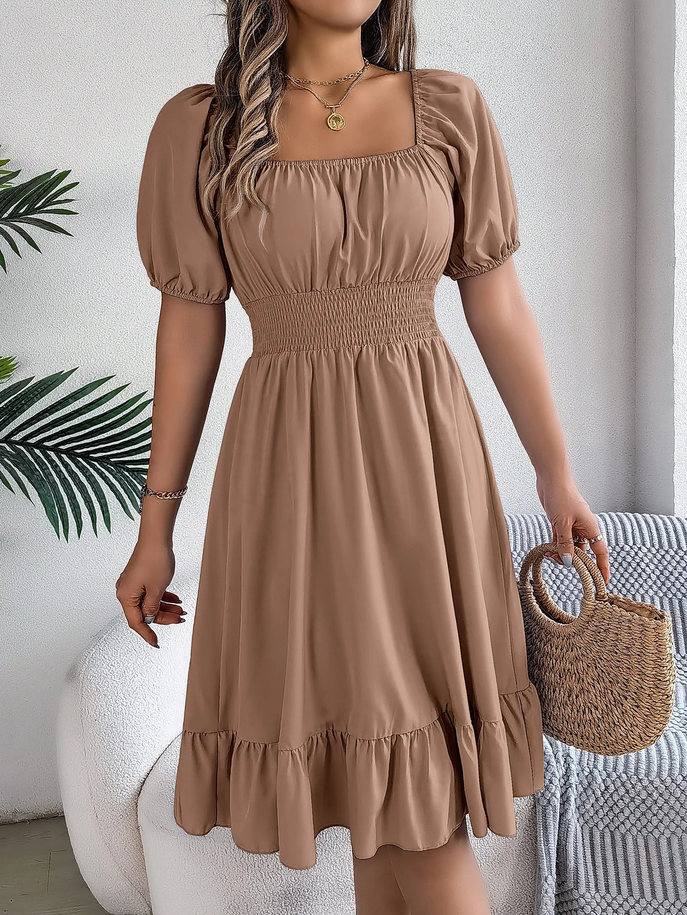 Women's Summer Casual Square Neck Short Sleeved Ruffle Edge Dress