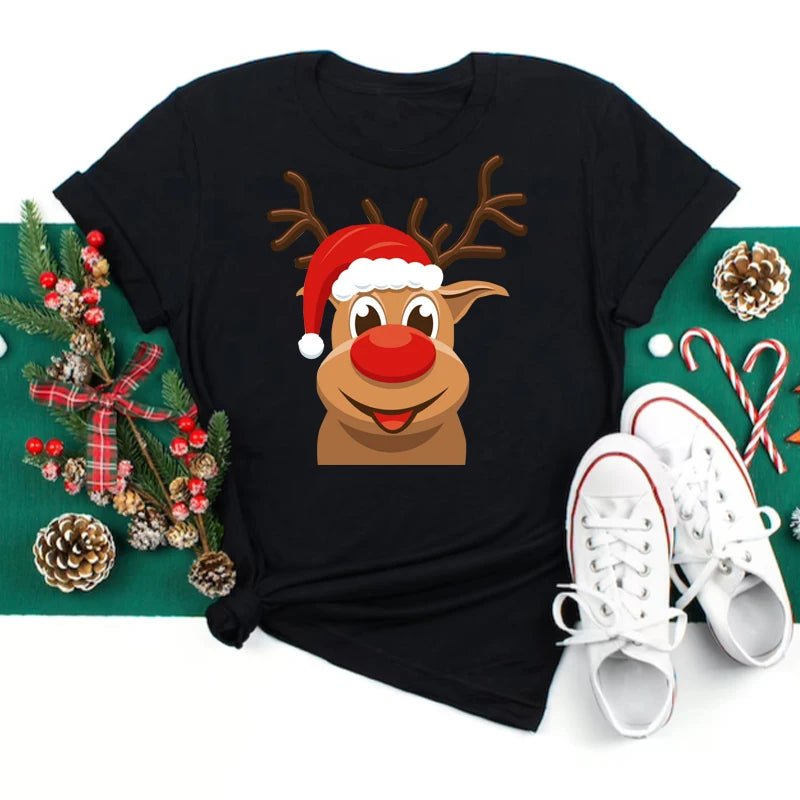 Women's Kawaii Christmas Top - Santa Claus & Deer O-Neck Y2K T-Shirt.  S-3X
