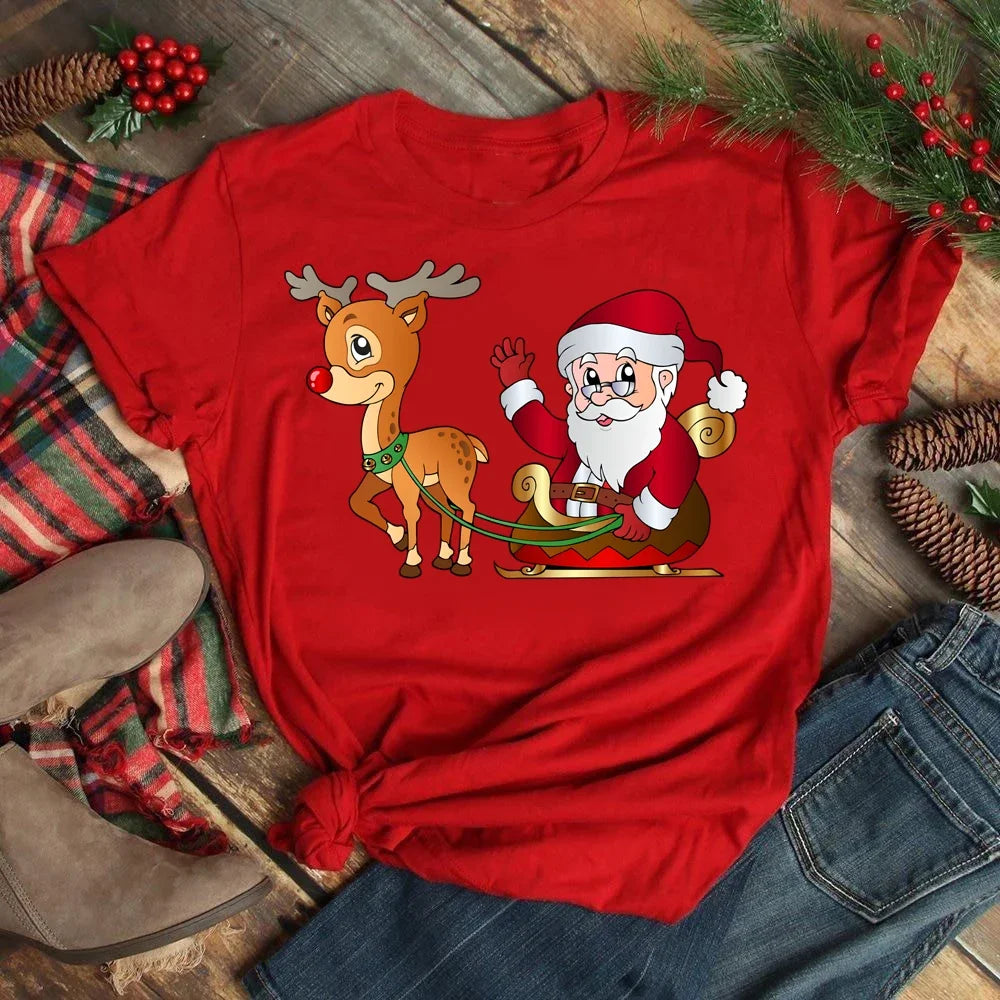Women's Kawaii Christmas Top - Santa Claus & Deer O-Neck Y2K T-Shirt.  S-3X
