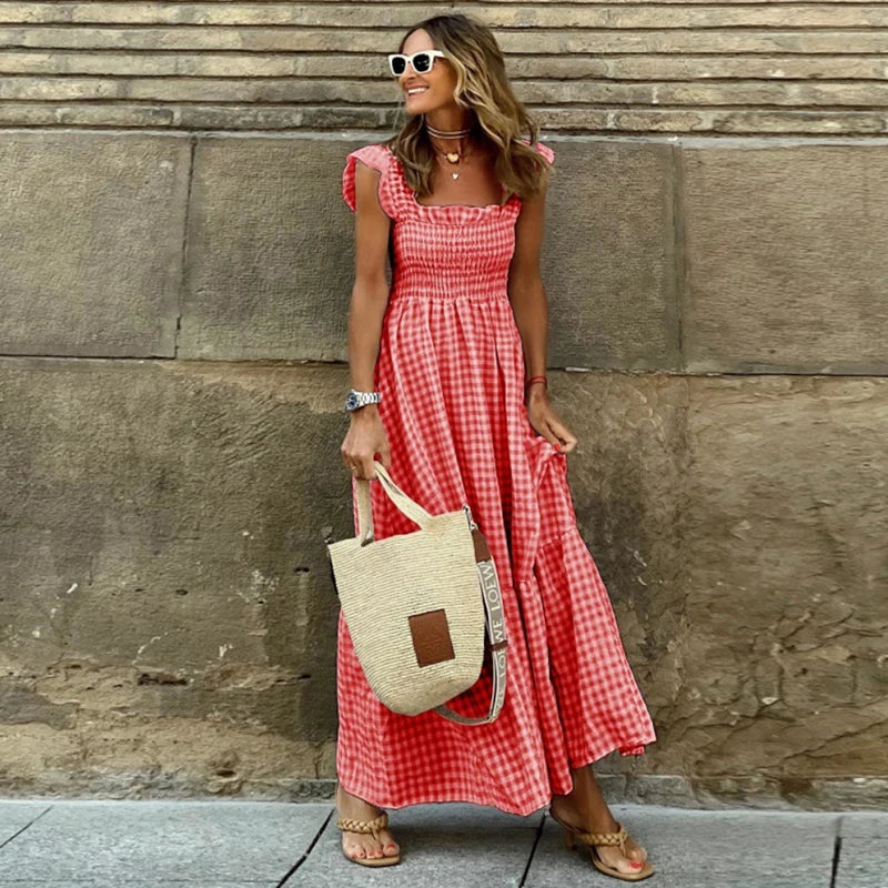 Luxury Ruffle Fly Sleeve Long Dress Square Neck Plaid Dress Casual Retro Beach /Holiday /Party. Vestidos  S-3X