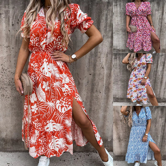 Summer Floral Print Dress V Neck Side Slit Short Sleeve Button Slim Spring Party Dress.  S-3X