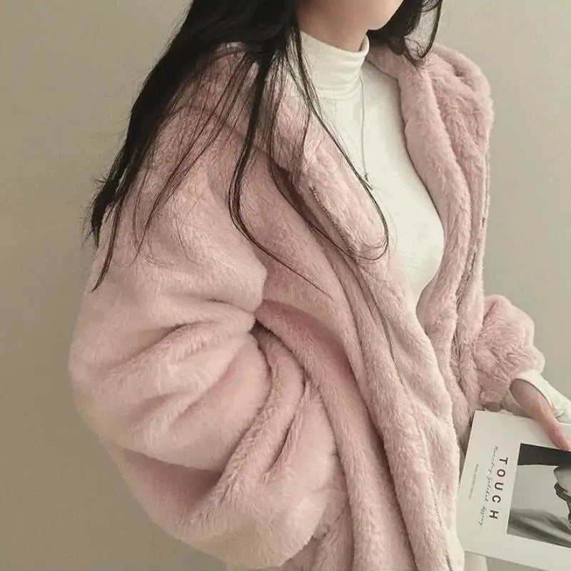 New Fashion Hooded Plush Thick Jacket Women's Padded Thickened Zipper Warm Short Cute Coat.  S-XXL