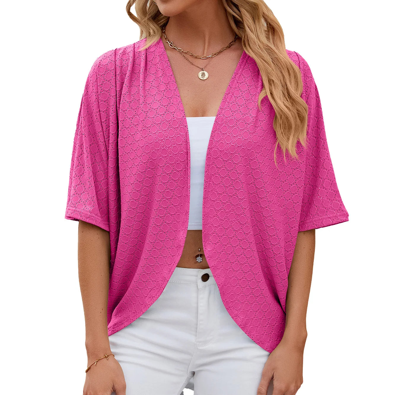 New spring Summer Fashion Ladies Hollow Out Cardigan solid color short-sleeved casual loose top Women Outwear.  S-2X