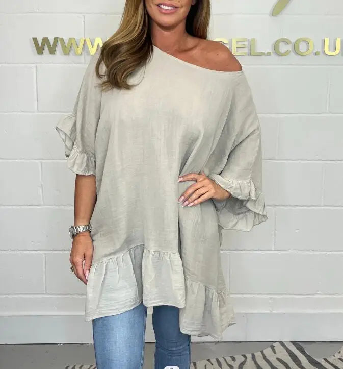 Plus-size women's Blouse ruffled fashion elegant bat sleeve loose solid colour.  L-5X
