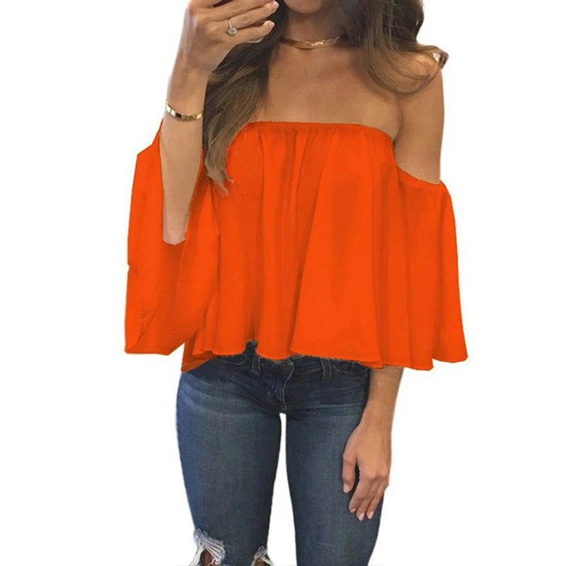 Solid Colour Sexy Off Shoulder Short Sleeve Summer Fashion Top.  S-2X