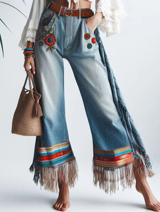 Women's Tassel Jeans Pockets Floral Embroidery Patchwork Denim Straight Leg Casual Vintage High Waist.