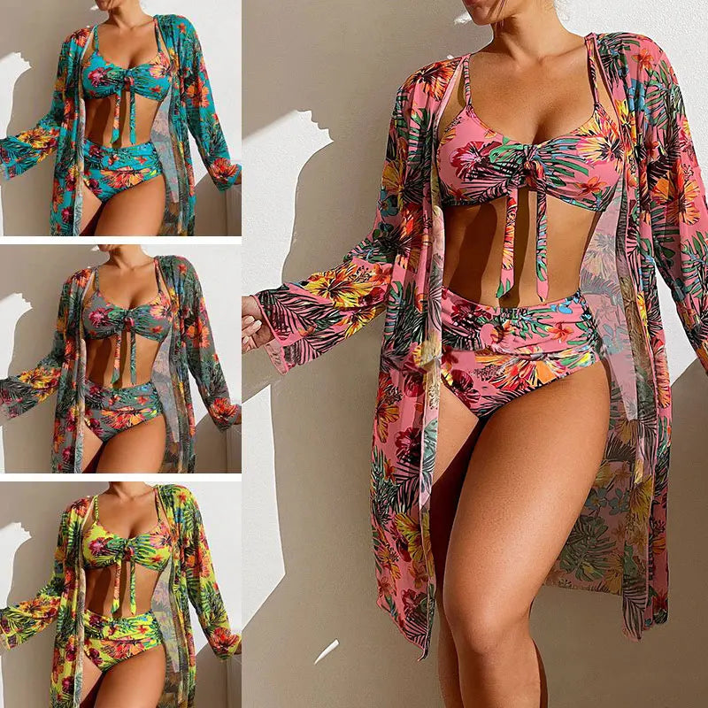 Three Piece Floral Printed Women's Bikini Set Wireless Bra with Pads Swimwear