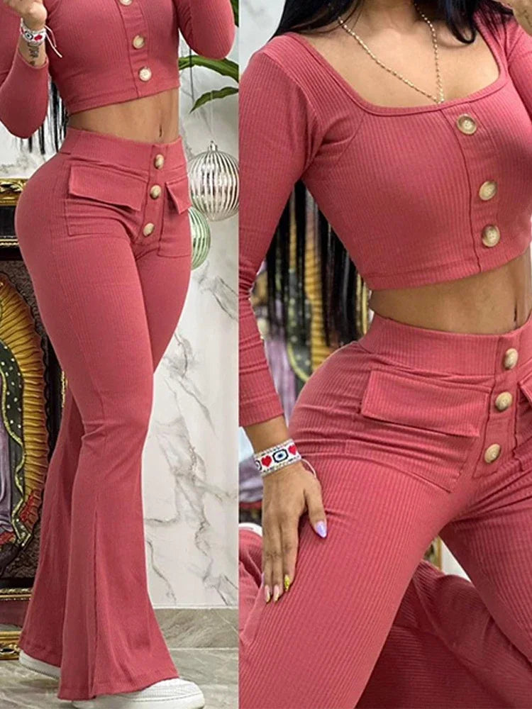 Ladies Two Piece Fashion Square Neck Buttoned Top & Pocket Design Flared Pants Set.