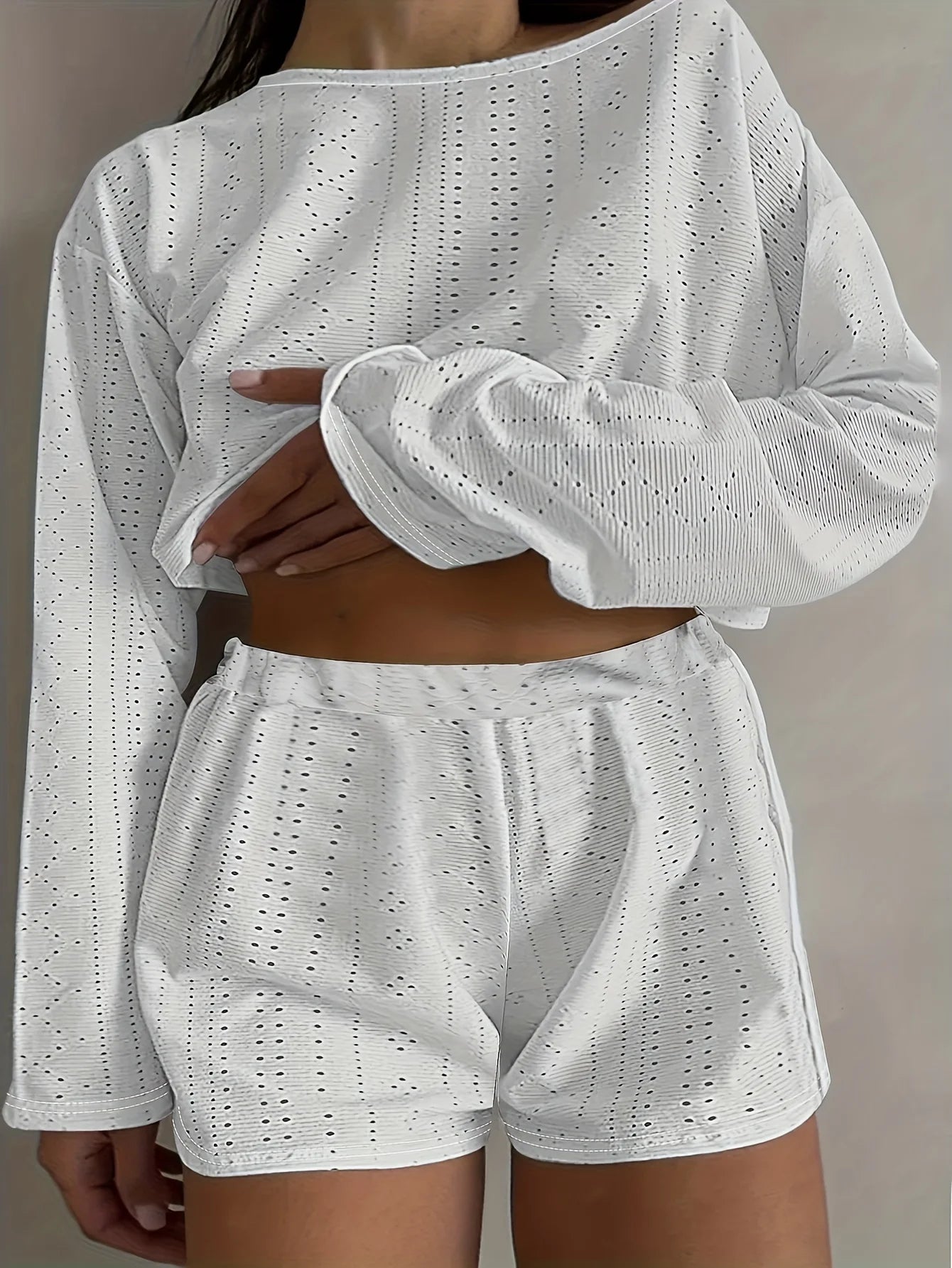 Plus Size Eyelet Casual Shorts Set, Crew Neck Long Sleeve Top & Shorts Outfit