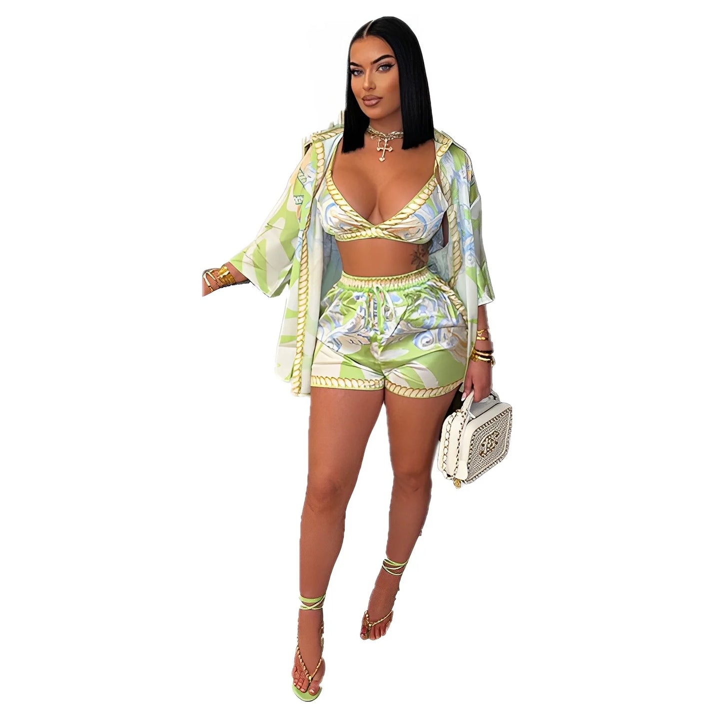 3 Pieces Sexy 2025 Summer Spring Fashion Women Set 3/4 Sleeve Shirt Tops And Shorts Suit Matching Outfit.  S-2X