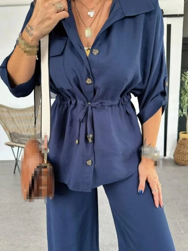 New Fashion Women's Long Sleeve Suit Casual Baggy Drawstring Shirt And Pants Female Two Piece Set.  S-3X