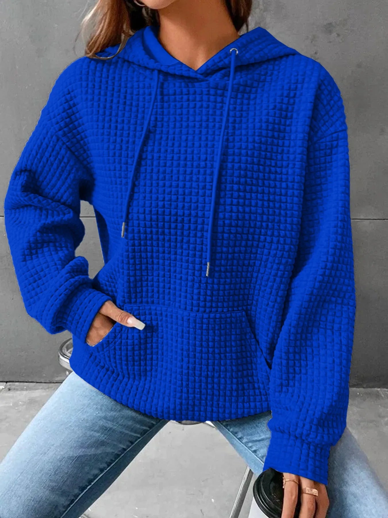 Women's hooded sweatshirt spring and autumn style waffle fashion beautiful solid color hooded drawstring loose sweatshirt.  S-2XL