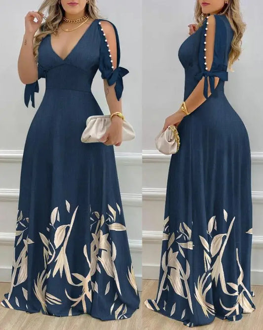 Women's V Neck Dress 2025 Split Sleeve Pearls Decor Maxi Dress.   S-XL