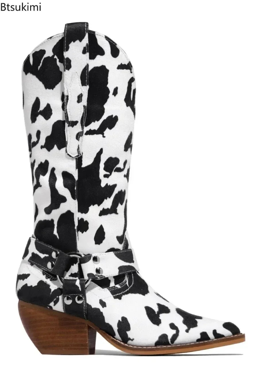 New 2025 Women's Western Cowboy Boots Flock Cow Print Chunky Heel Point Toe Western Boot .   Botas Femininas