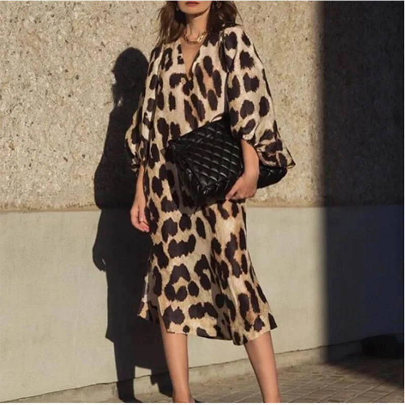 Leopard Printed Lantern Long Sleeved Women's Loose V-neck High Street Elegant Casual Dress.  S-2X