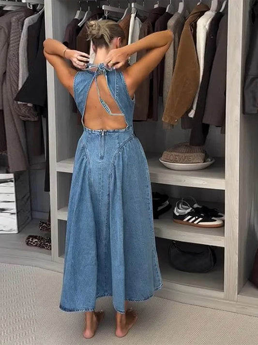 Trendy Women's Summer Denim Dress Backless Sleevess Long O-Neck Vintage Washed Blue Casual Daily Wear.  S-XL