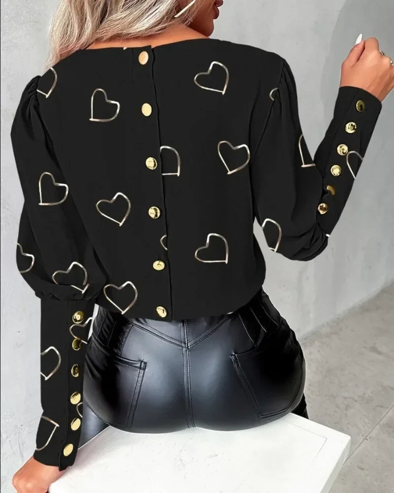 Women's Fashionable Heart Printed Long Sleeved Top with Round Neck Button Casual Blouse.  S-xxl