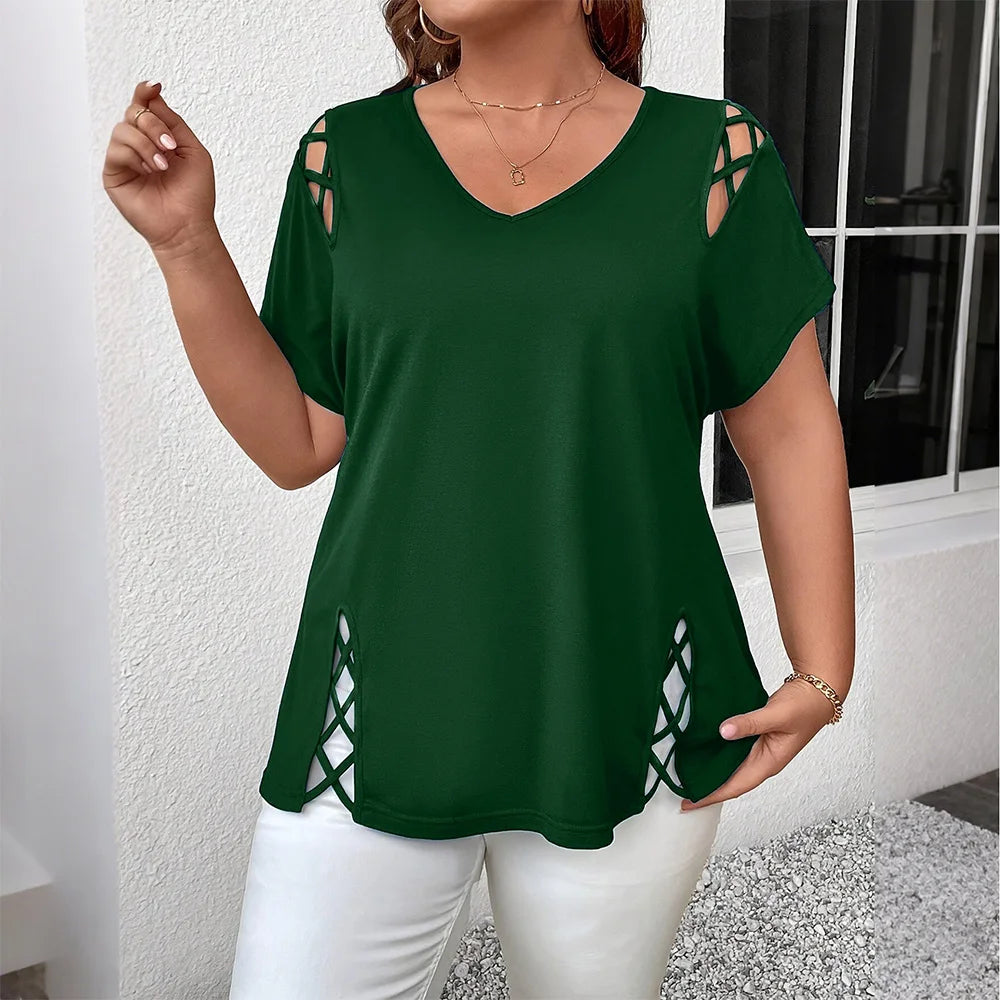 Plus Size Women's Solid Short Sleeve V-Neck Hollow Out Casual Top.