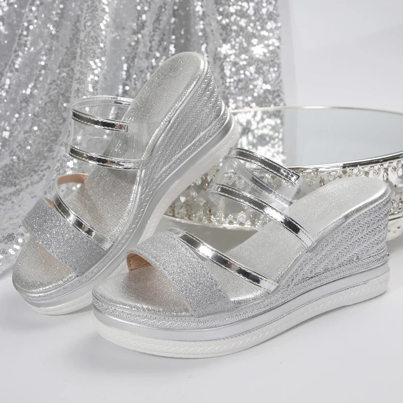 Women's Wedges Sandals Luxury Platform Slippers Sexy Open Toe Women Shoes Shiny High Heels Women Beach Shoes sandalias de mujer