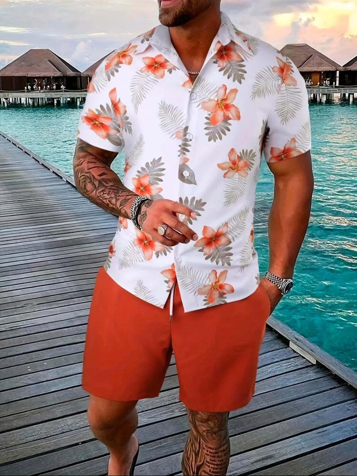 Men 2PCS Fashion Shirts+Shorts Hawaii Beach lapel Shirt Set.  S-5X