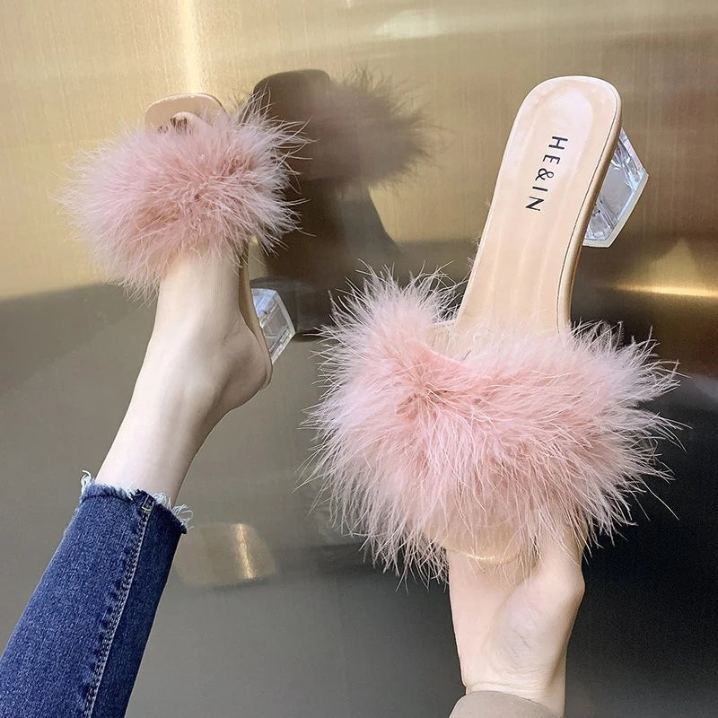 Fashion Women's Summer New Open Toe Plush Faux Fur Chunky Heel  Square Toe Sandal