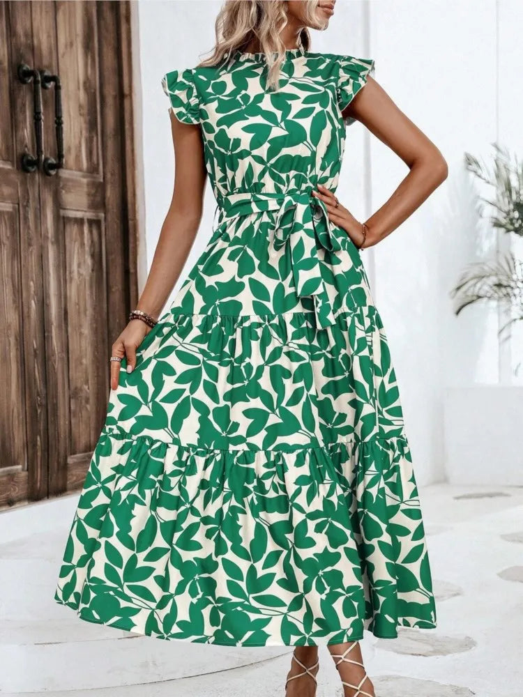 Elegant Women's Flower Midi Dress New Summer Fashion Stand Collar Flying Sleeve Dress Casual Dress.  S-2X