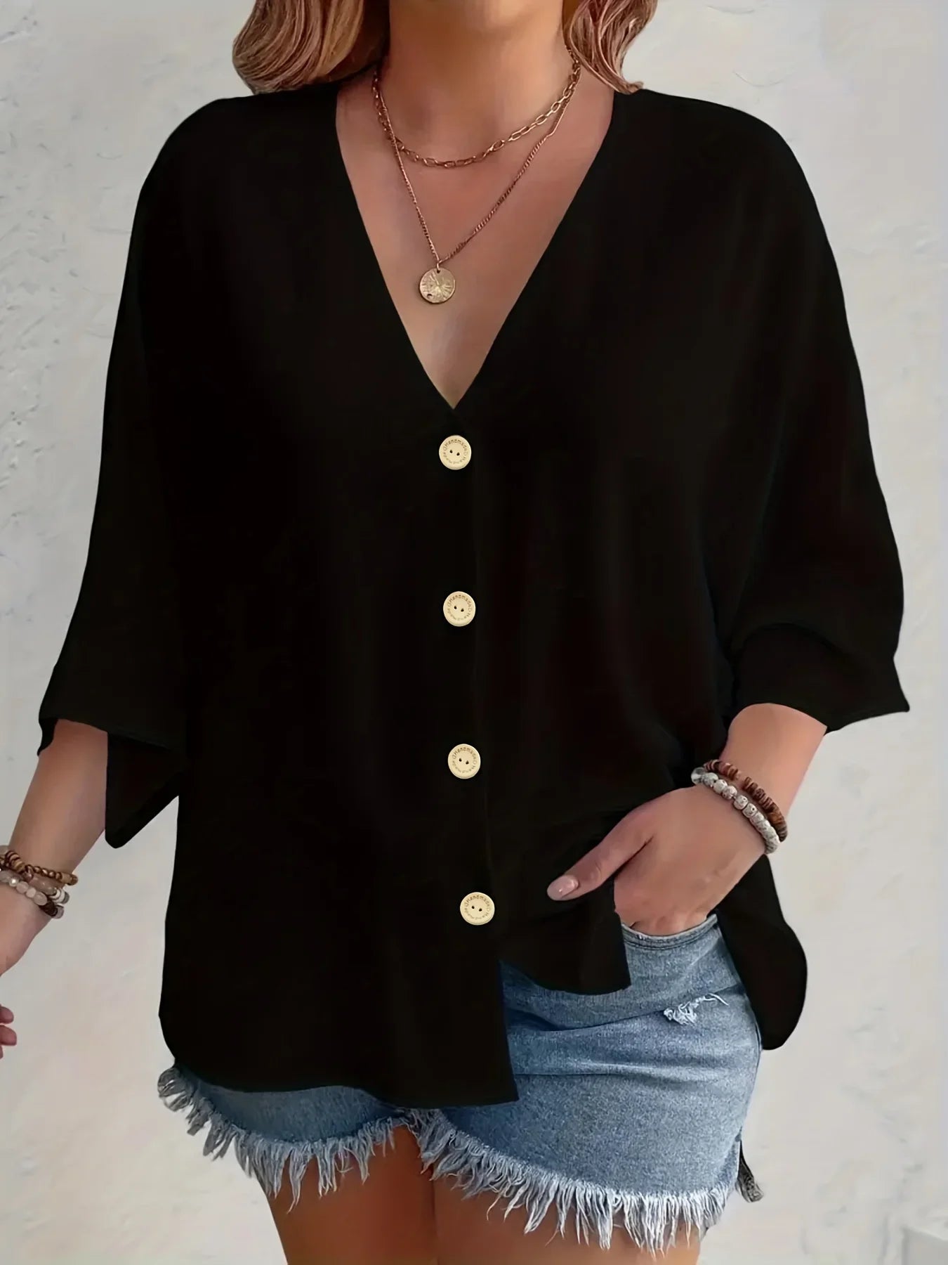 Women's Plus-size Shirt Solid Color Breathable  V-neck Button Casual Wear with European Style.  1X-5X