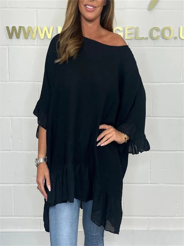 Plus-size women's Blouse ruffled fashion elegant bat sleeve loose solid colour.  L-5X