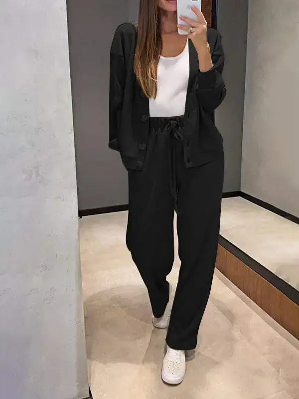 Fashion Sporty Suit For Women Casual Single Breasted Long Sleeved Straight Pants 2 Piece Set.  S-3x