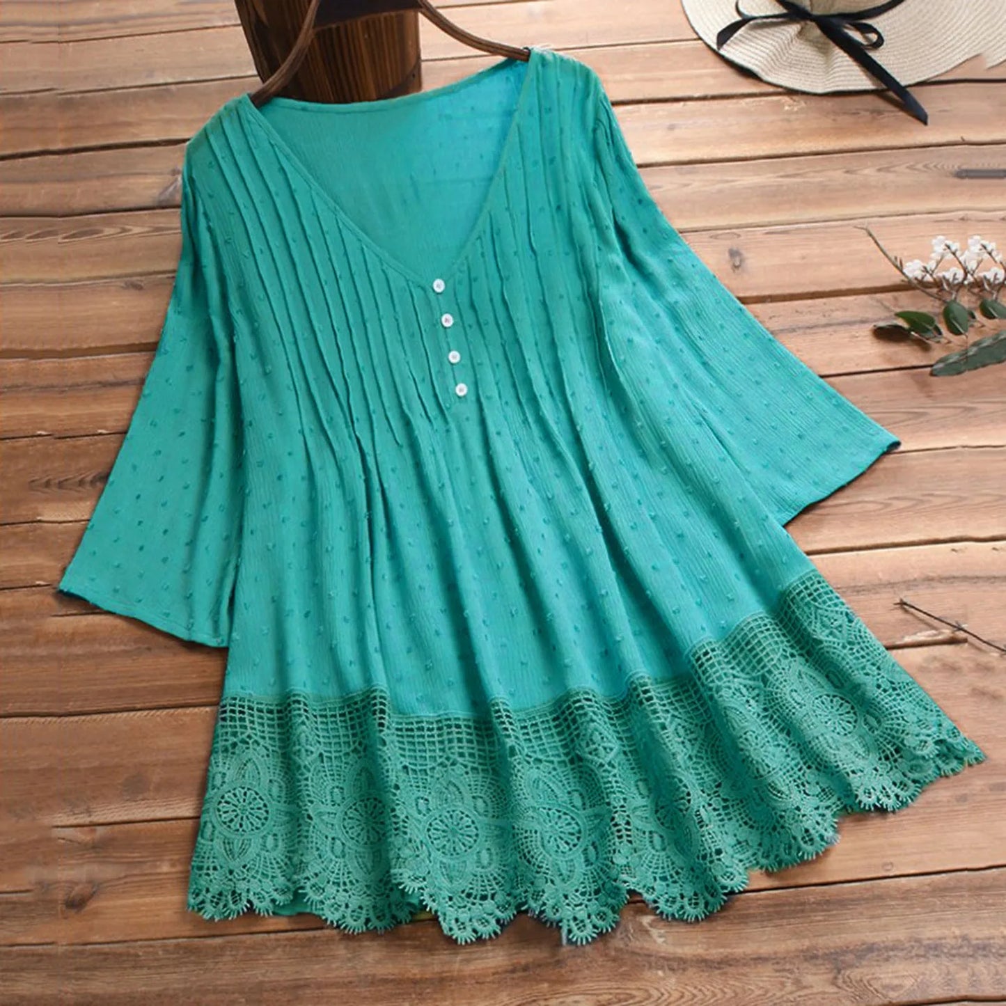 Curvy Spring Summer Cotton Lace Blouse Crochet Lace 3/4 Sleeve V Neck Loose Top